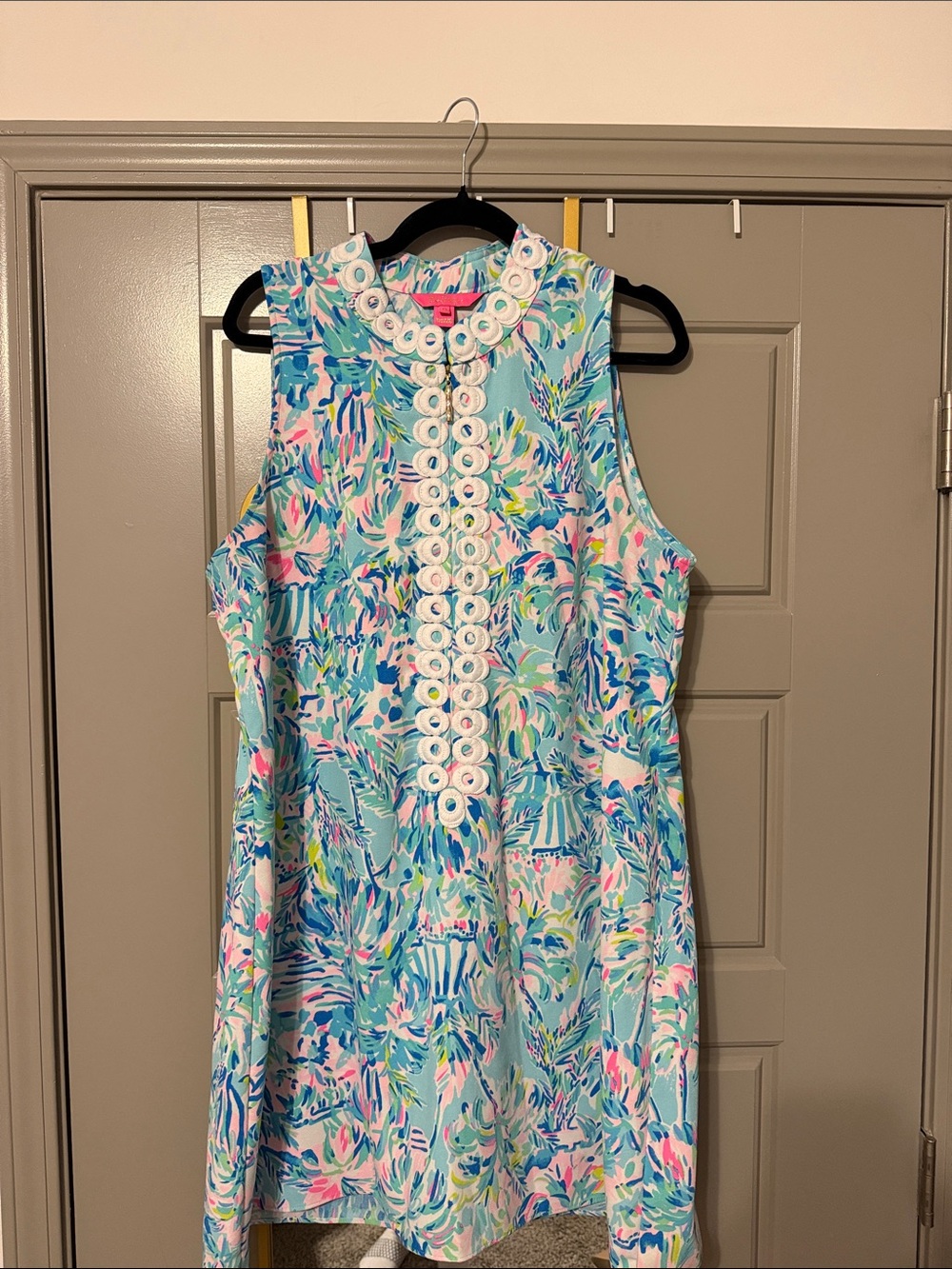 Lilly Pulitzer Aqua Floral Sleeveless Shift Dress with Pink Accents